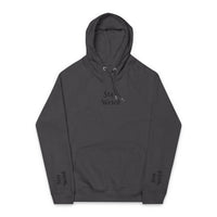 Printify eco friendly unisex hoodie in dark gray with Stay Weird text on chest and sleeves