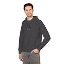 Printify eco friendly unisex hoodie in dark gray worn by a smiling man with hands in pockets