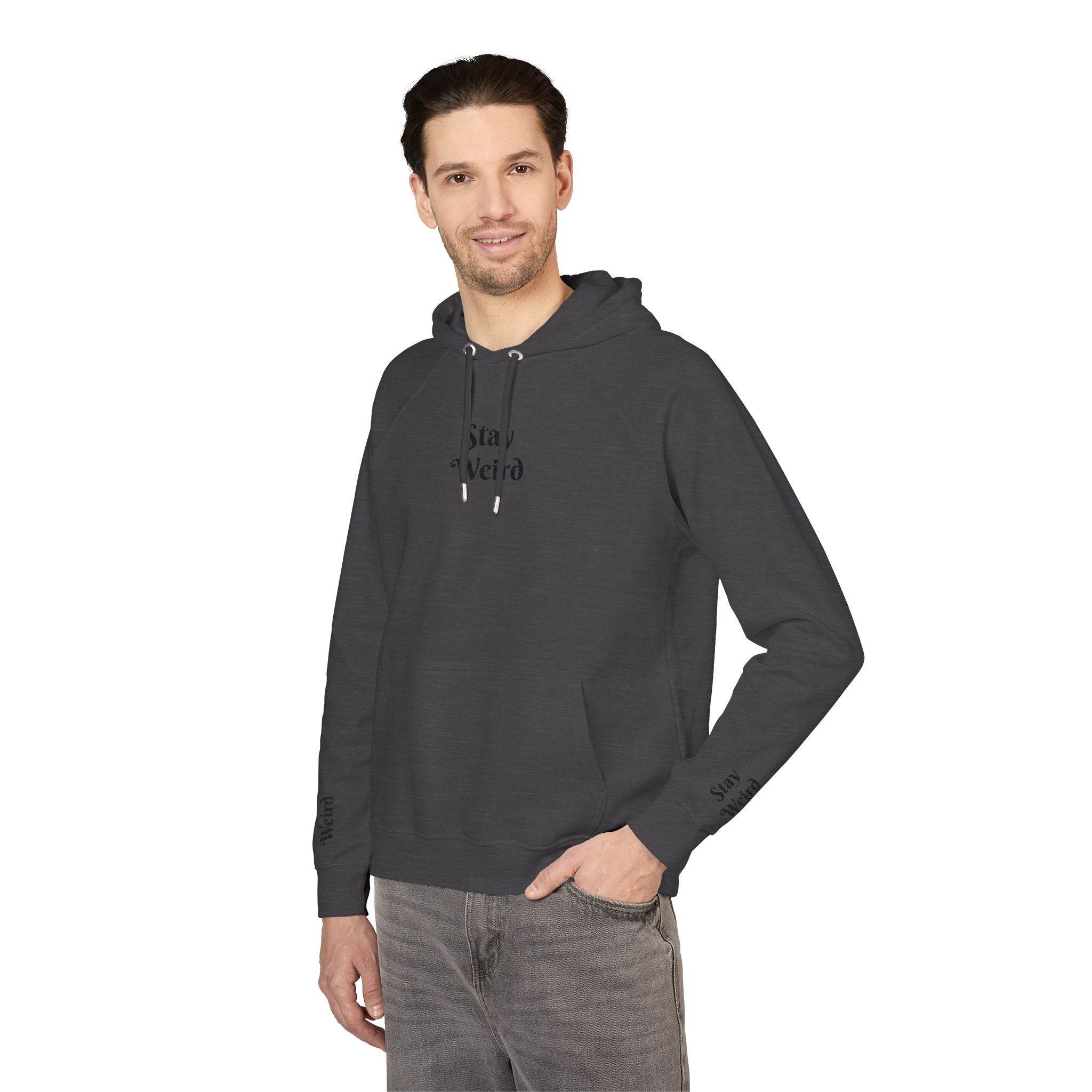 Printify eco friendly unisex hoodie in dark gray worn by a smiling man with hands in pockets