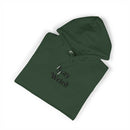 Dark green eco friendly unisex hoodie with I Say Weird text print folded neatly
