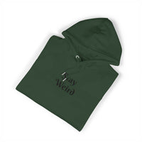 Dark green eco friendly unisex hoodie with I Say Weird text print folded neatly