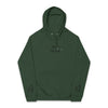 Dark green eco friendly unisex hoodie by Printify with Stay Weird text on front and sleeves