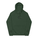 Dark green eco friendly unisex hoodie by Printify with Stay Weird text on front and sleeves
