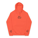Printify eco friendly unisex hoodie in coral with Stay Weird text on chest and sleeves