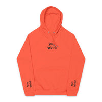 Printify eco friendly unisex hoodie in coral with Stay Weird text on chest and sleeves
