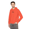 Printify eco friendly unisex hoodie in orange with Stay Weird text on chest and sleeves