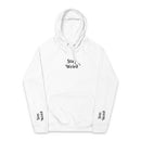 White eco friendly unisex hoodie from Printify with Stay Weird text on chest and sleeves