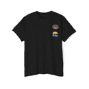 Black Printify eco-friendly unisex pocket tee with small vintage-style patches on chest