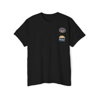 Black Printify eco-friendly unisex pocket tee with small vintage-style patches on chest