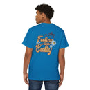 Printify eco-friendly unisex pocket tee in blue with Feeling a Little Salty text and floral design on back