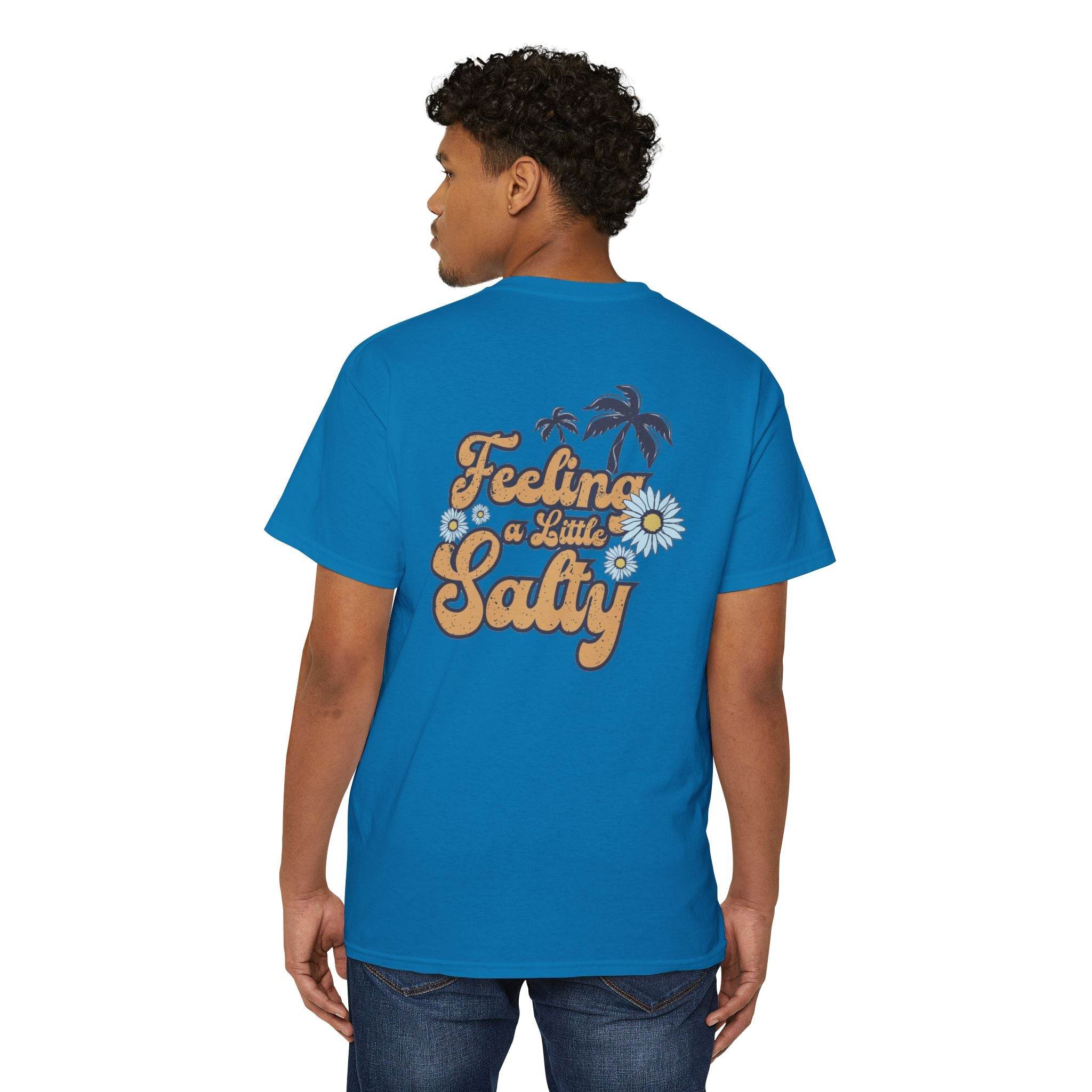 Printify eco-friendly unisex pocket tee in blue with Feeling a Little Salty text and floral design on back