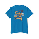 Printify blue eco-friendly unisex pocket tee with Feeling a Little Salty text and floral design on back