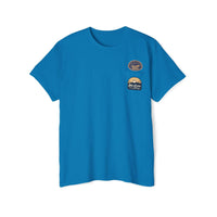 Printify blue eco-friendly unisex pocket tee with small sunset and wave designs on the chest