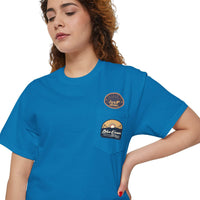 Printify eco-friendly unisex pocket tee in blue with front pocket and graphic patches