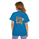 Back view of blue eco-friendly unisex pocket tee with Feeling a Little Salty design and floral print