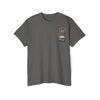 Printify eco-friendly unisex pocket tee in gray with two small colorful patches on the chest