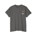 Printify eco-friendly unisex pocket tee in gray with two small colorful patches on the chest