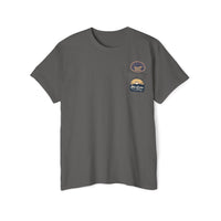 Printify eco-friendly unisex pocket tee in gray with two small colorful patches on the chest