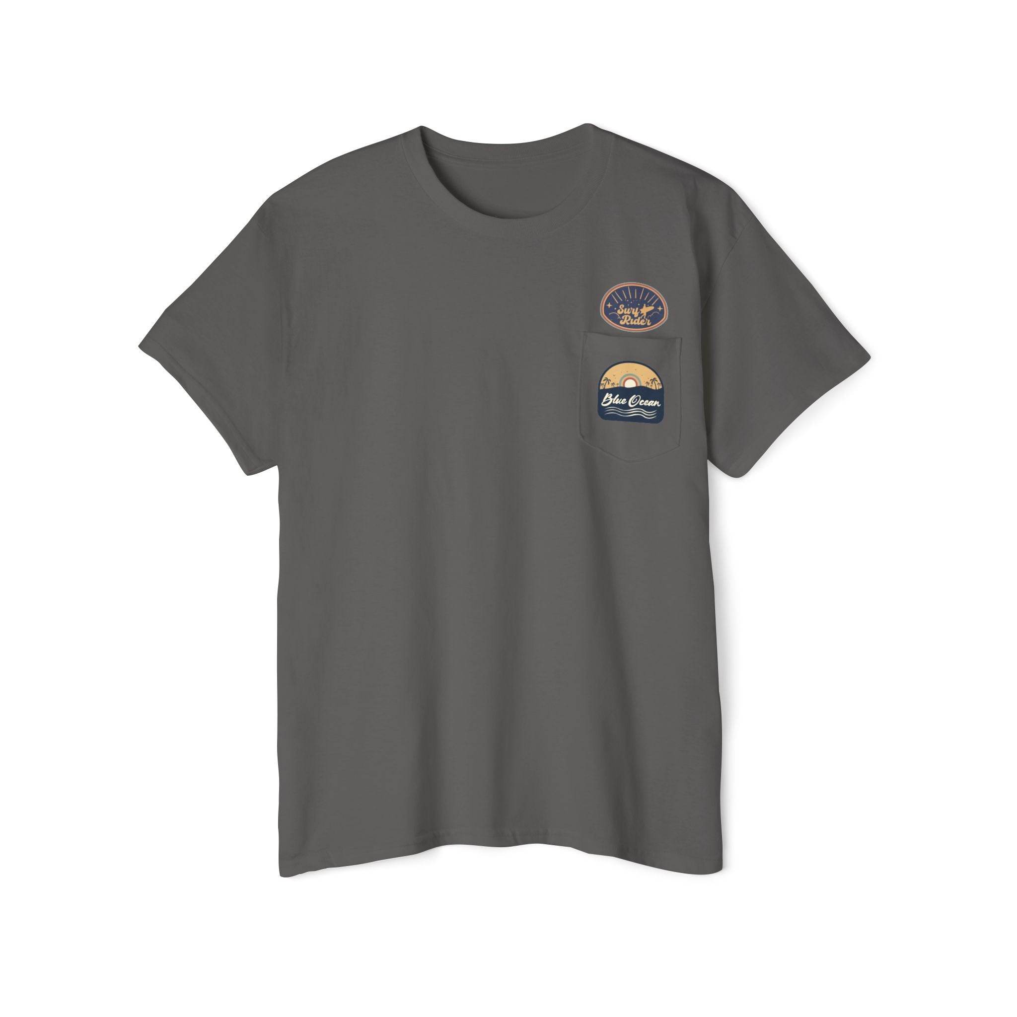Printify eco-friendly unisex pocket tee in gray with two small colorful patches on the chest