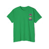 Printify green eco-friendly unisex pocket tee with two small patch designs on chest