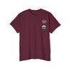 Printify eco-friendly unisex pocket tee in maroon with small badge designs on the chest