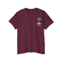 Printify eco-friendly unisex pocket tee in maroon with small badge designs on the chest
