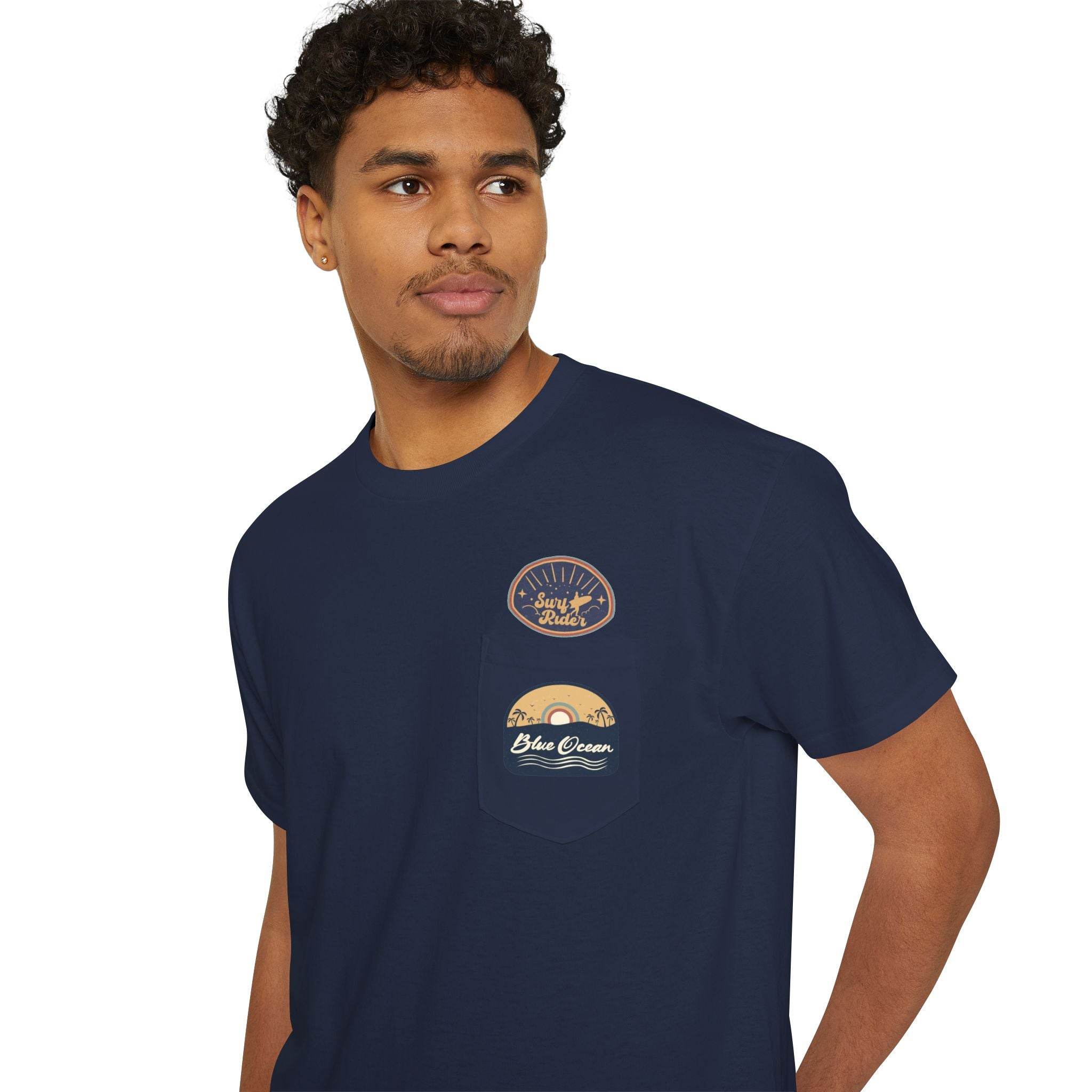 Printify eco-friendly unisex pocket tee in navy blue with graphic designs on chest pocket