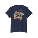 Printify navy eco-friendly unisex pocket tee with Feeling a Little Salty text and floral palm design
