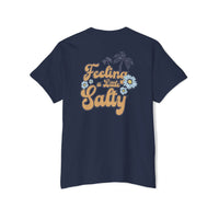 Printify navy eco-friendly unisex pocket tee with Feeling a Little Salty text and floral palm design