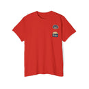 Printify red eco-friendly unisex pocket tee with small patches on chest pocket