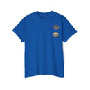 Printify blue eco-friendly unisex pocket tee with small vintage-style patches on chest