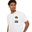 Printify eco-friendly unisex pocket tee in white with graphic patches on chest pocket
