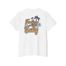 Printify eco-friendly unisex pocket tee white with feeling a little salty text and tropical design on back