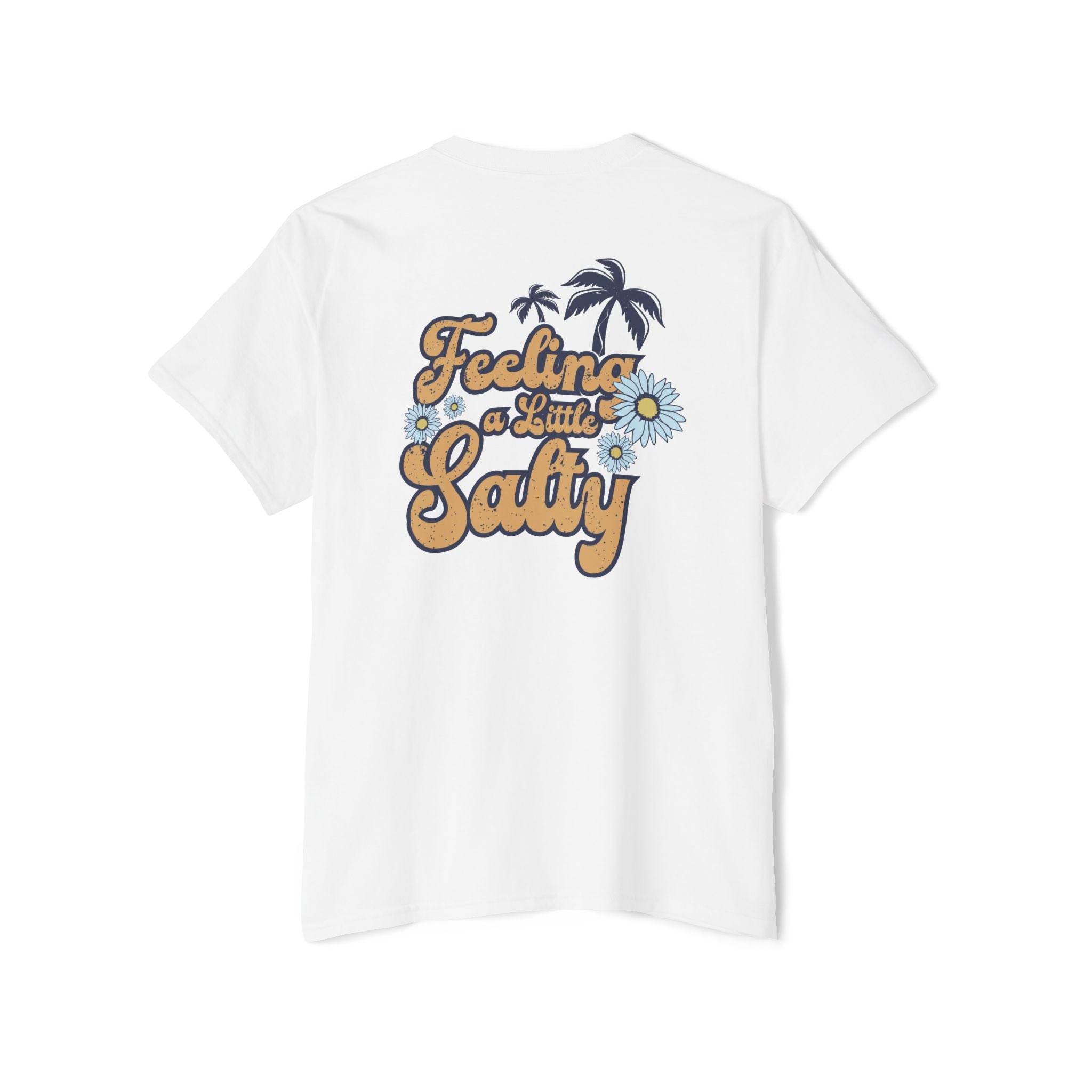 Printify eco-friendly unisex pocket tee white with feeling a little salty text and tropical design on back