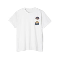 Printify eco-friendly unisex pocket tee in white with small vintage-style patches on the chest