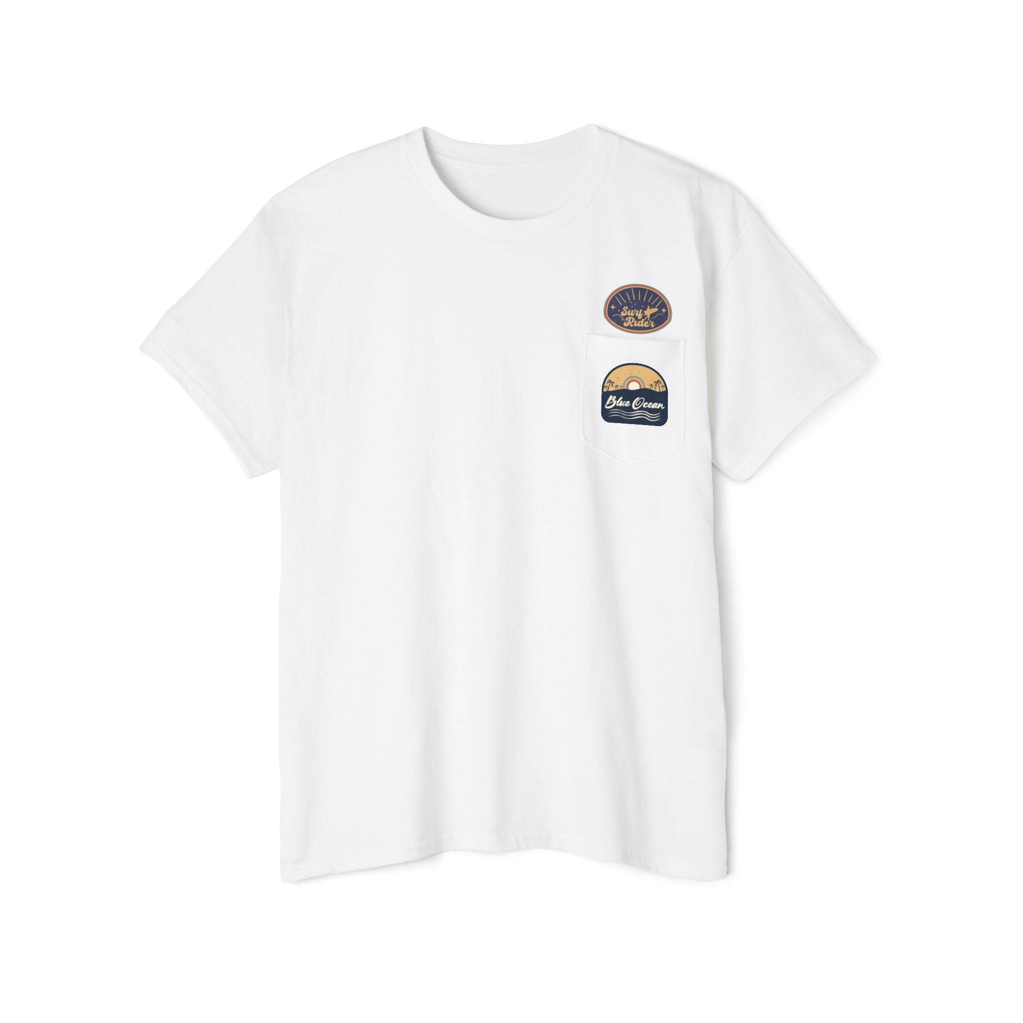 Printify eco-friendly unisex pocket tee in white with small vintage-style patches on the chest