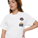 Printify white eco-friendly unisex pocket tee with graphic patches on the chest pocket