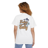 Printify eco-friendly unisex pocket tee white with Feeling a Little Salty graphic on back