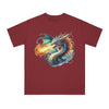 Printify maroon eco-friendly unisex shirt featuring a vibrant dragon breathing fire graphic
