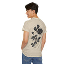 Printify eco-friendly unisex t-shirt with black rose design worn by a smiling man