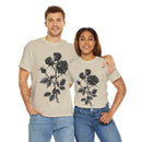 Printify eco-friendly unisex t-shirt with black rose design worn by smiling man and woman