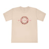 Printify beige eco-friendly unisex t-shirt with circular abstract graphic design on front