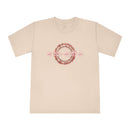 Printify beige eco-friendly unisex t-shirt with circular abstract graphic design on front