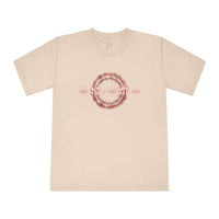 Printify beige eco-friendly unisex t-shirt with circular abstract graphic design on front