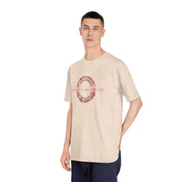 Printify beige eco-friendly unisex t-shirt worn by male model with abstract circular design