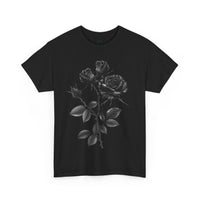 Printify black eco-friendly unisex t-shirt with detailed black and white rose graphic design