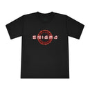 Printify black eco-friendly unisex t-shirt with red Enigma graphic design on front