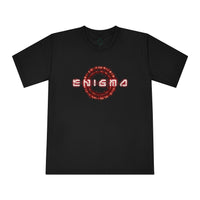 Printify black eco-friendly unisex t-shirt with red Enigma graphic design on front