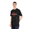 Printify black eco-friendly unisex t-shirt with red Enigma graphic worn by male model