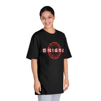 Black eco-friendly unisex t-shirt from Printify with a red Enigma graphic worn by a smiling model